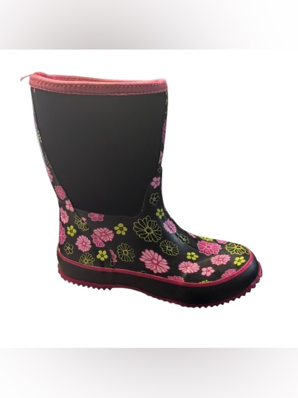 Western Chief Lori Lani Mid Neoprene Floral Rain Boots Black Pink Women's Size 7